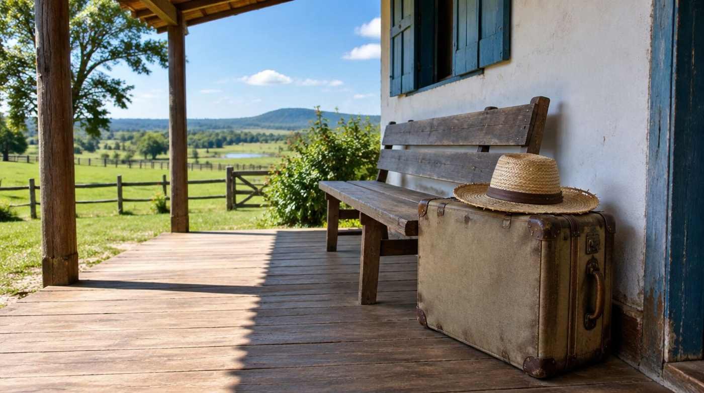 Mala de lona velha com um chapéu de palha em cima, ao lado de um banco de madeira vazio, na varanda de uma sede de fazenda em dia de sol