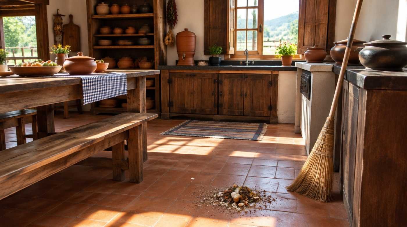 Cozinha rústica de casa de fazenda com vassoura de palha e um monte de sujeira varrida no chão de lajota, em ilustração da briga por lixo em A Fazenda 18