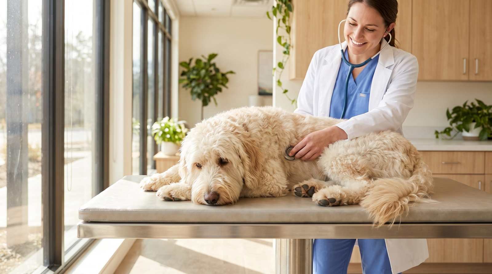 Cadela golden doodle deitada em mesa de exame, sendo auscultada por veterinária sorridente em clínica bem iluminada por luz natural