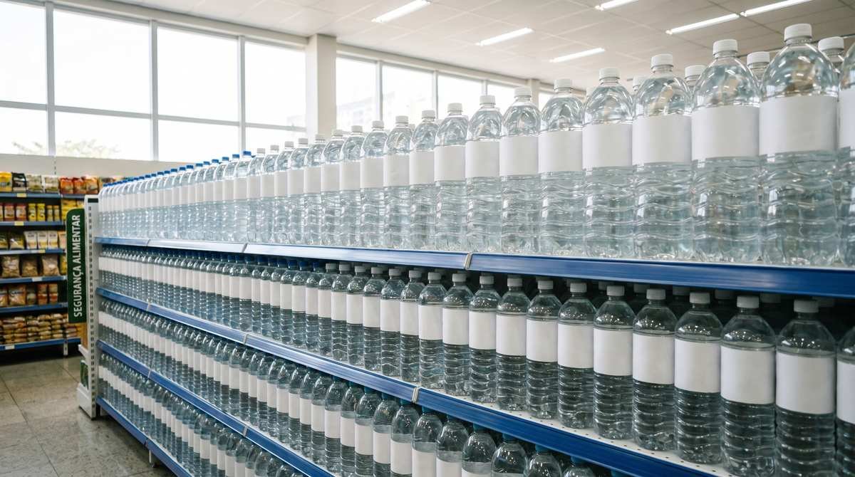 Prateleira de supermercado com garrafas de água mineral sem gás iluminada por luz natural