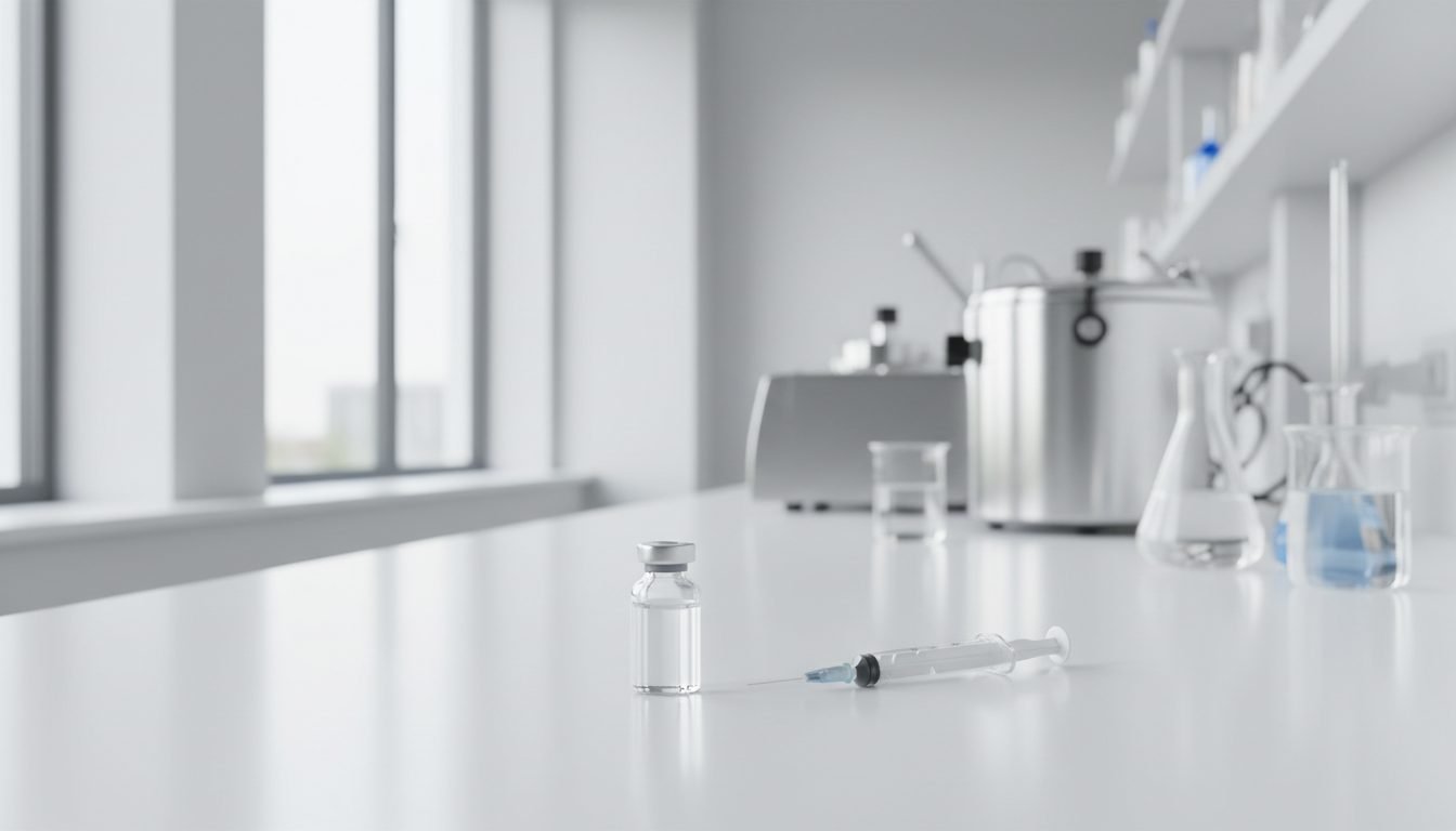 Frasco de medicamento e seringa sobre bancada de laboratório, ilustrando injetáveis vendidos sem registro sanitário