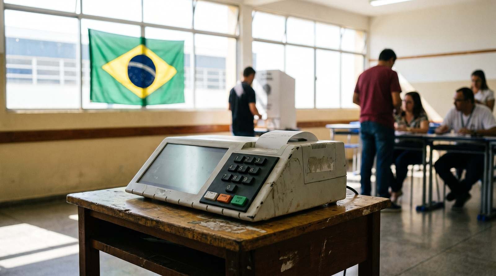 Urna eletrônica sobre uma mesa de madeira em uma sala de votação iluminada por luz natural, com a bandeira do Brasil ao fundo e eleitores em fila