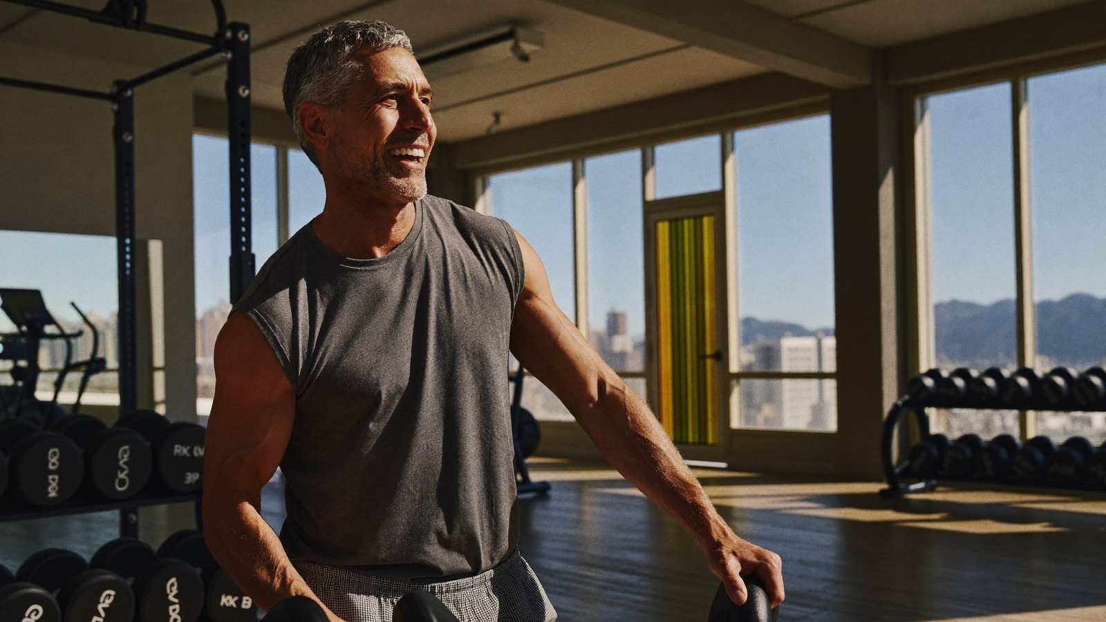 Homem de meia-idade sorrindo enquanto levanta peso em academia iluminada por luz natural