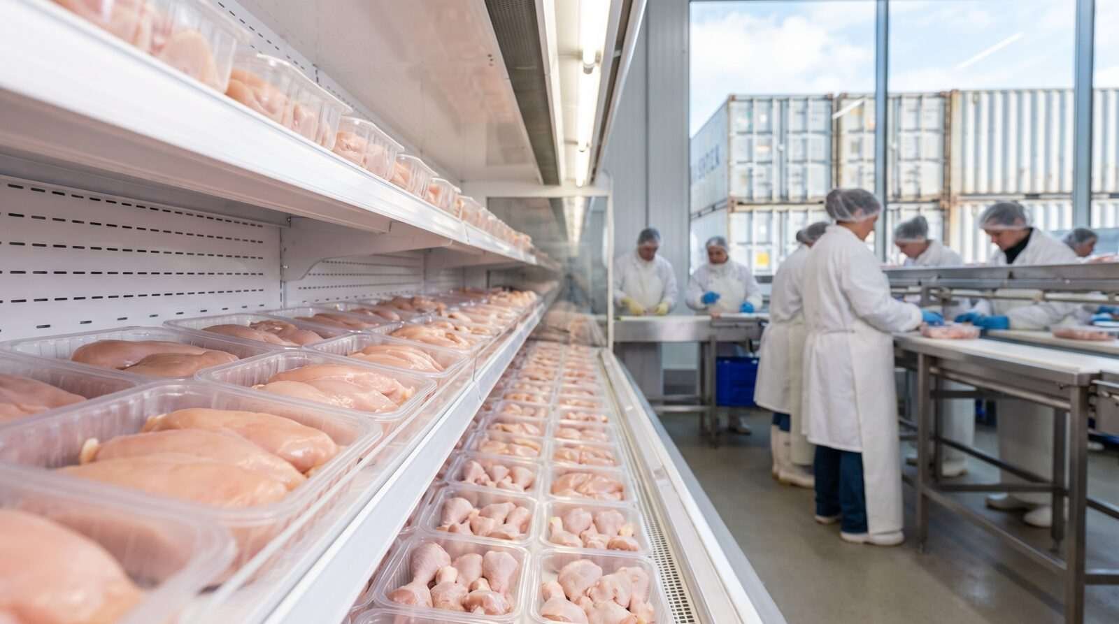 Bandejas de peito e coxa de frango em prateleira refrigerada, com trabalhadores uniformizados em uma planta de processamento e contêineres ao fundo