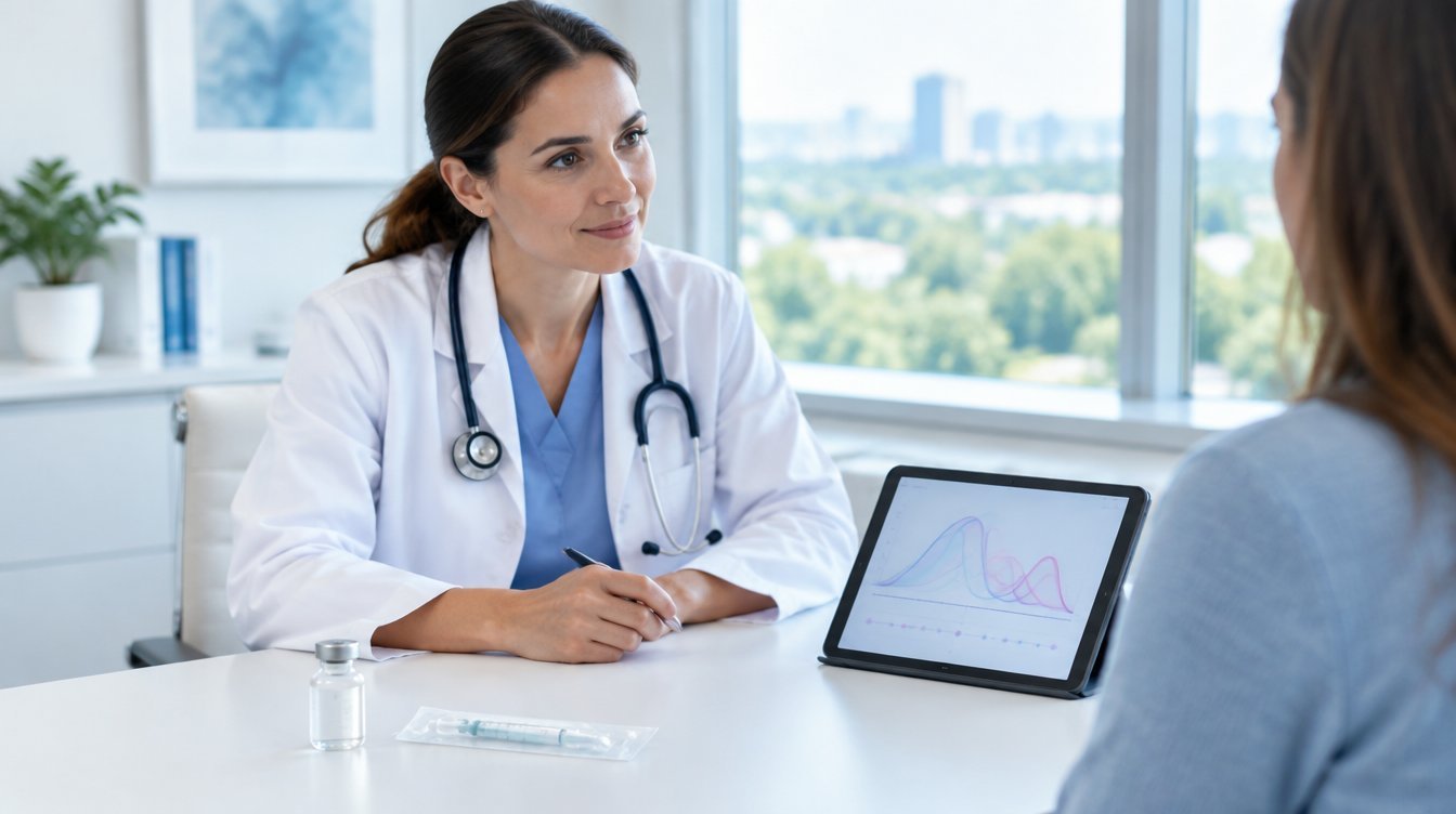 Médica em consultório iluminado conversa com paciente, com frasco de vidro sem rótulo e seringa lacrada sobre a mesa, ilustrando peptídeos liberadores de hormônio do crescimento