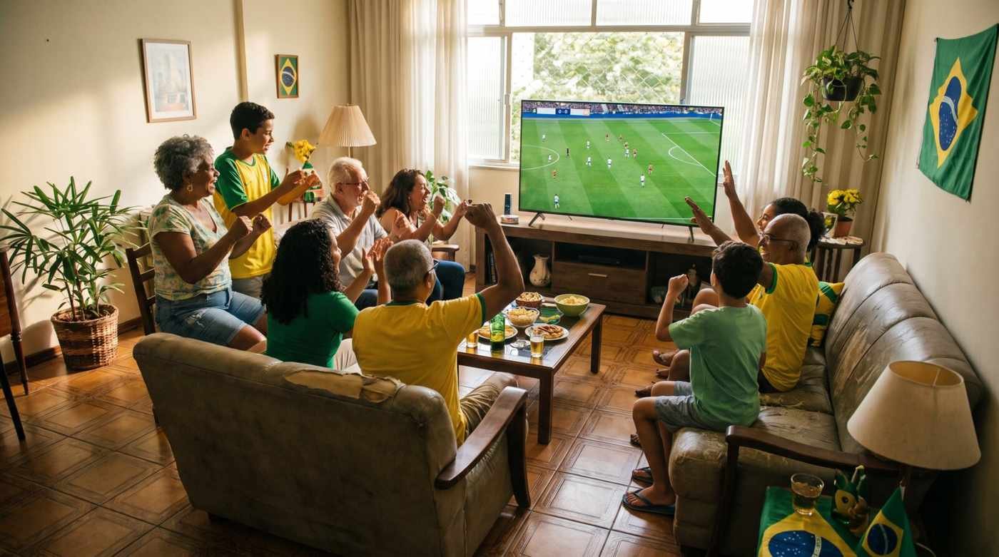 Família reunida na sala de casa comemorando diante de uma TV que exibe uma partida de futebol