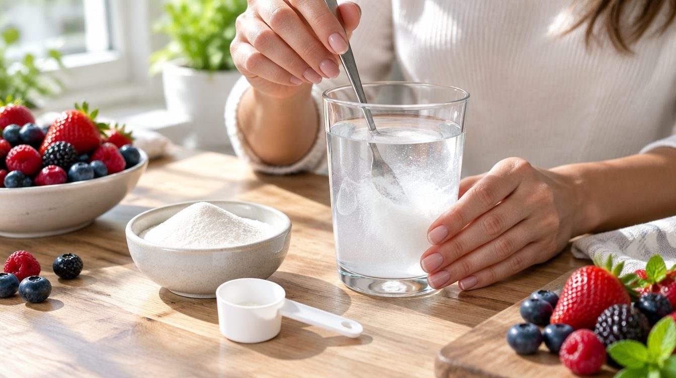 Mulher mexe um copo de água com pó branco de colágeno hidrolisado, ao lado de uma tigela do pó, uma colher medidora sem marca e frutas vermelhas sobre mesa de madeira iluminada