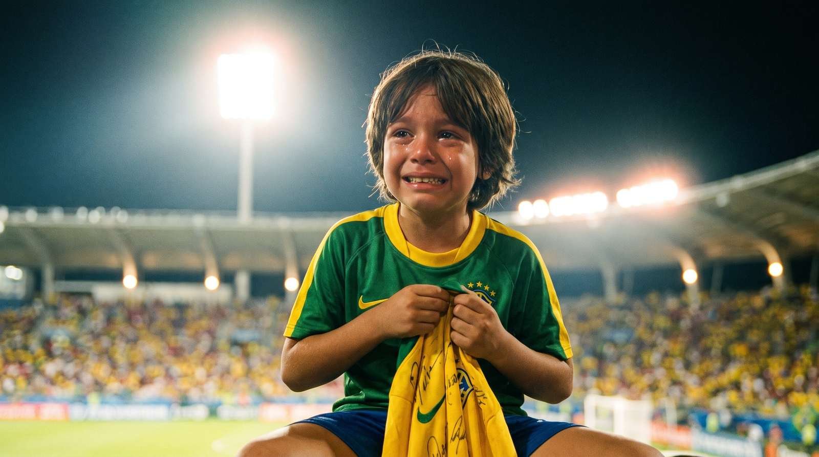 Criança torcedora em arquibancada de estádio de futebol segurando camisa de time (imagem ilustrativa)