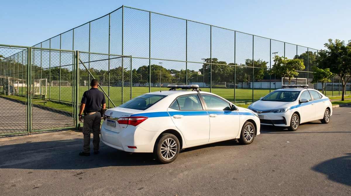 Viaturas da Polícia Civil estacionadas em frente a um centro de treinamento de futebol em dia claro no Rio de Janeiro