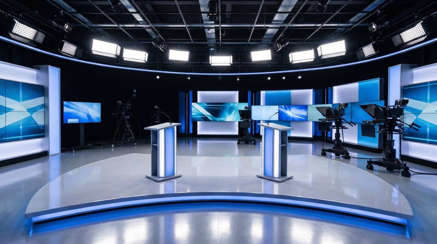 Estúdio de televisão bem iluminado com dois púlpitos frente a frente em um palco azul e branco, cercado por câmeras e telões
