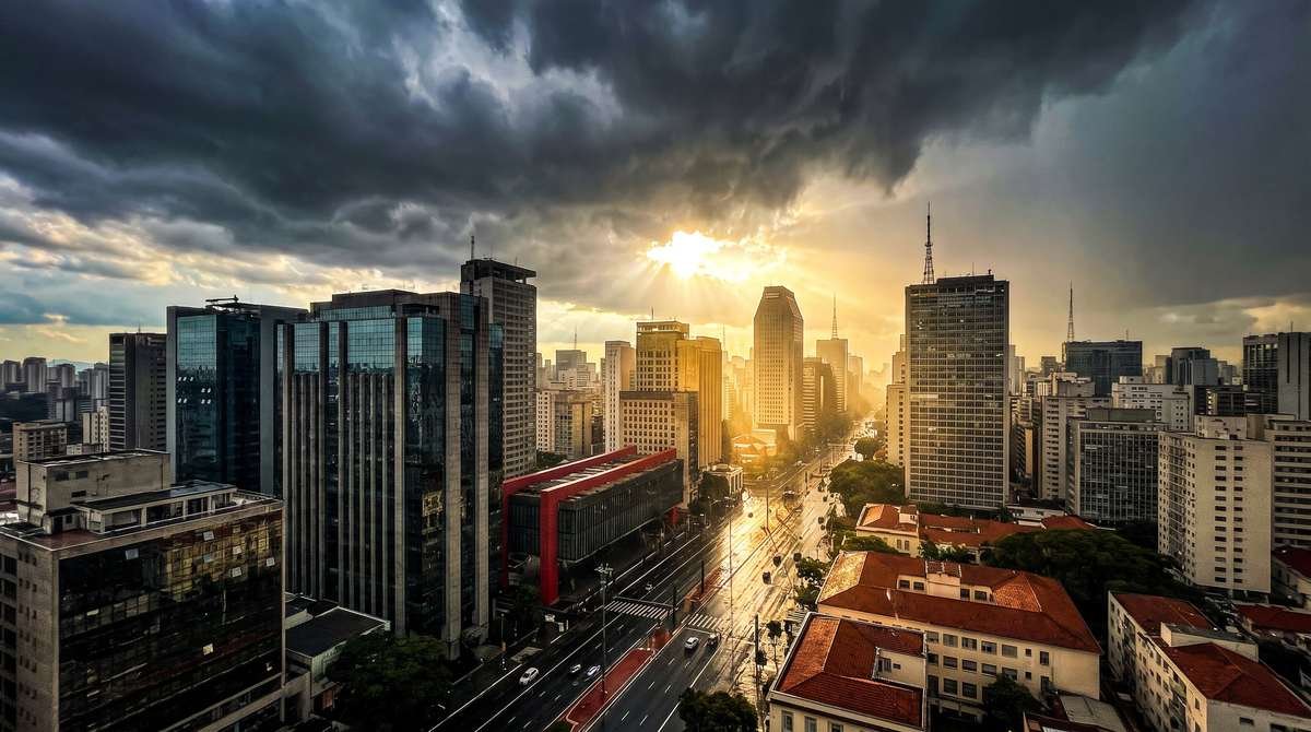 Nuvens escuras de tempestade se formando sobre os prédios do horizonte de São Paulo, com um facho de luz solar atravessando o céu
