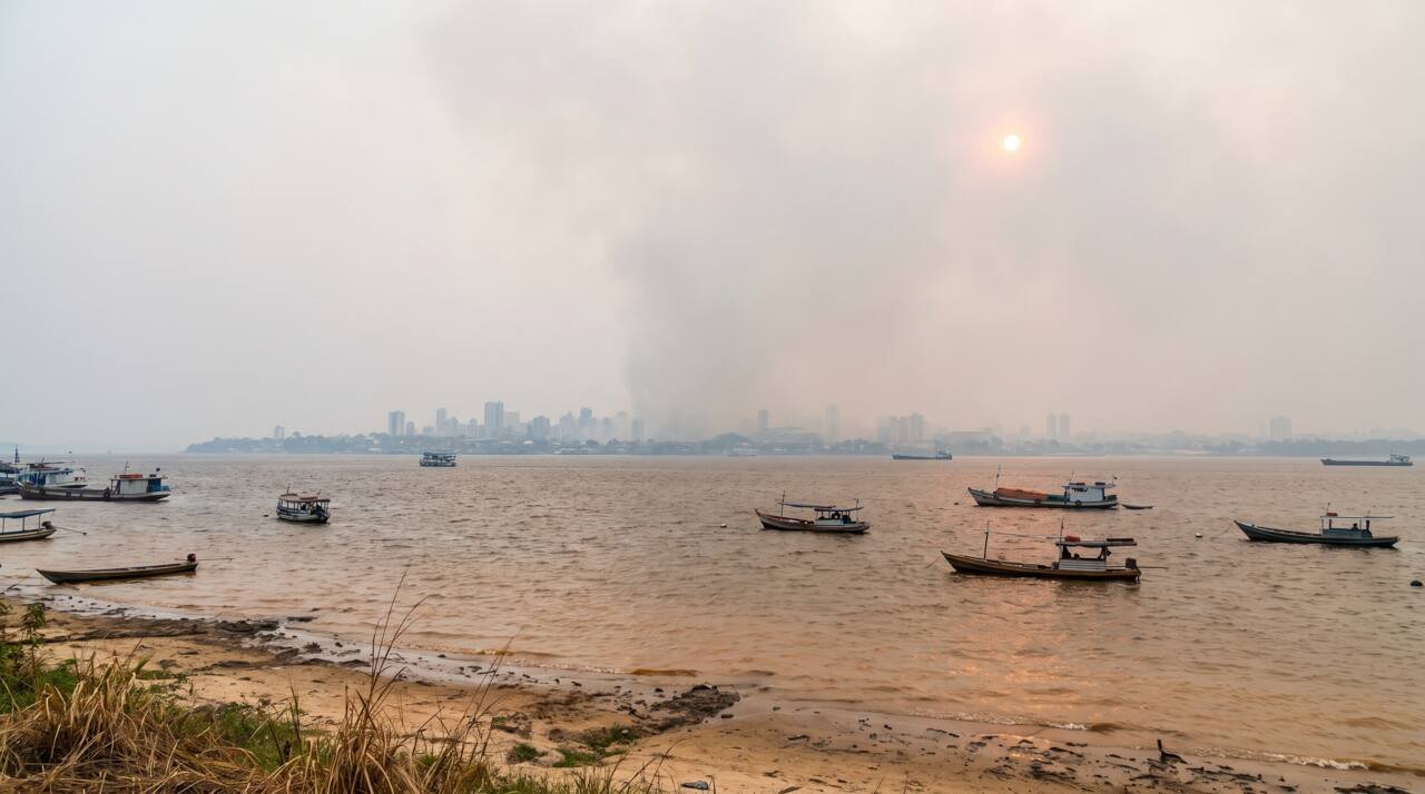 Orla de Manaus e o Rio Negro cobertos por uma camada espessa de fumaça de queimadas, com o sol apagado no céu