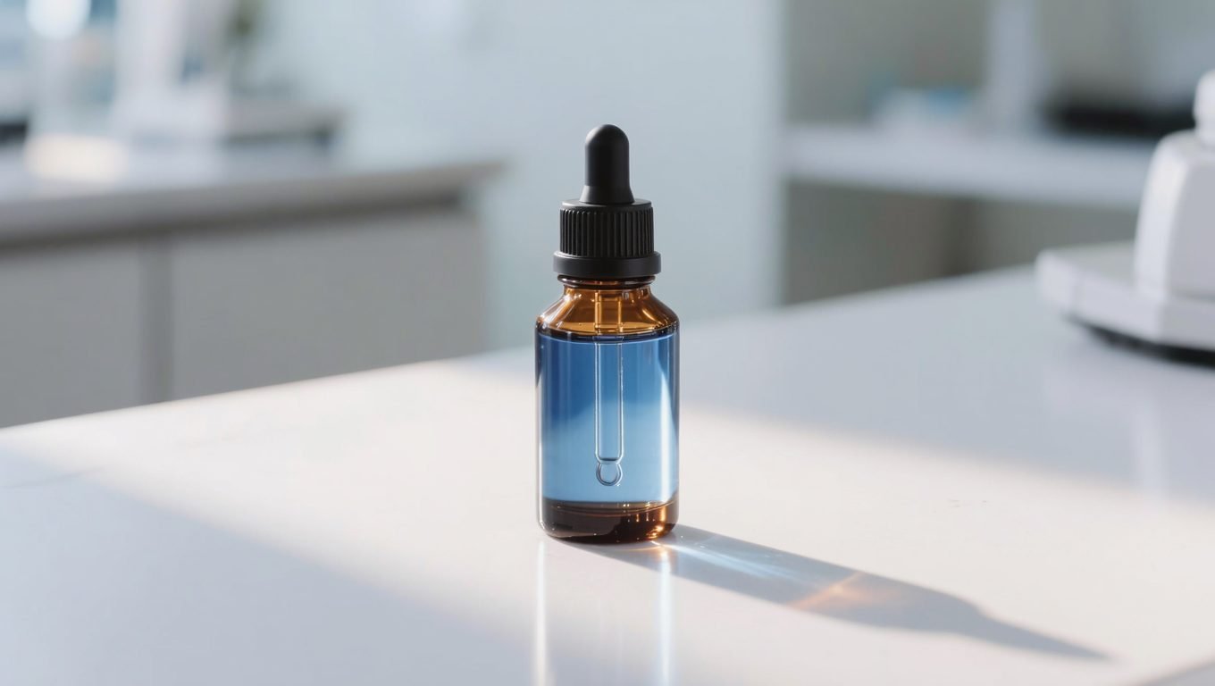 Frasco conta-gotas genérico com sérum sobre bancada de clínica dermatológica, ilustrando produtos de skincare à base de peptídeo de cobre