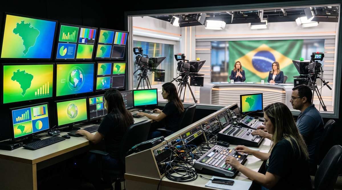 Estúdio de TV com bastidores de transmissão e bandeira do Brasil ao fundo, ilustrando a estreia da propaganda eleitoral no rádio e na TV