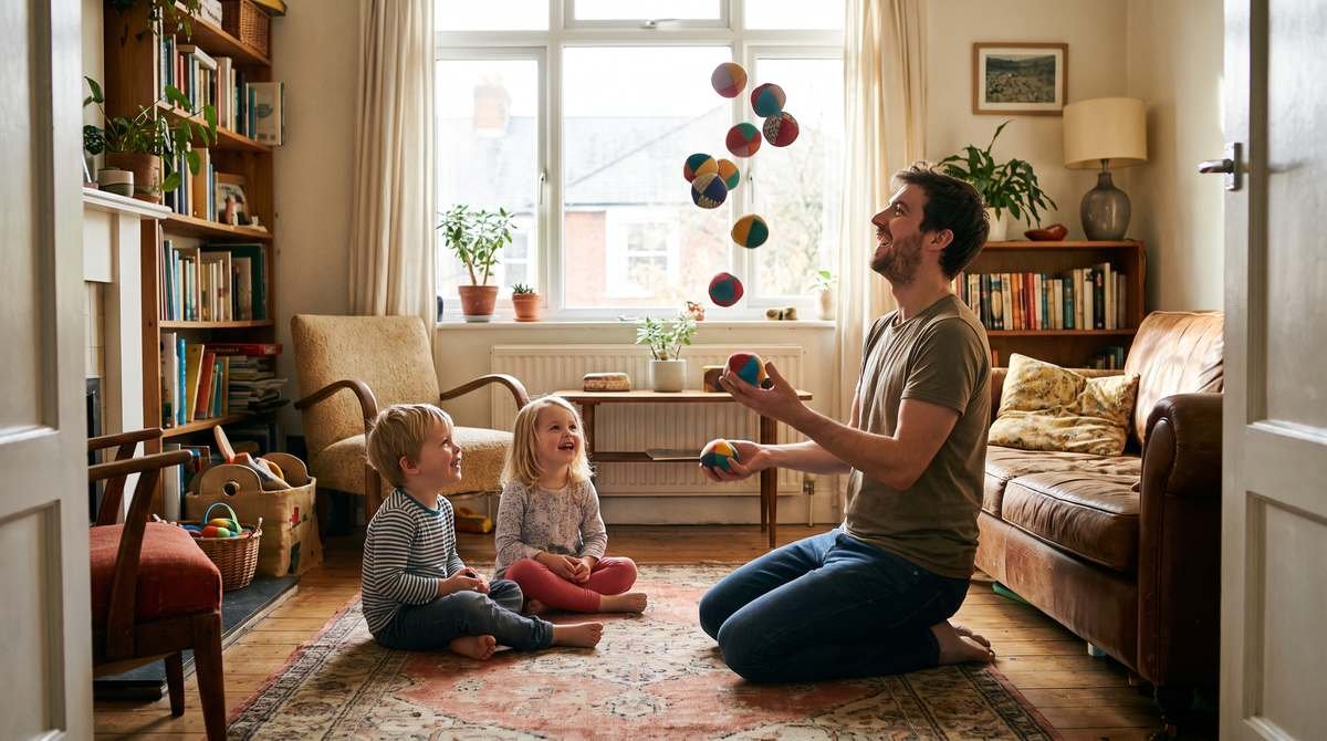 Pai brincando de malabares com bolinhas coloridas na sala de casa enquanto os dois filhos pequenos observam sorrindo, ambiente iluminado por luz natural (imagem ilustrativa)