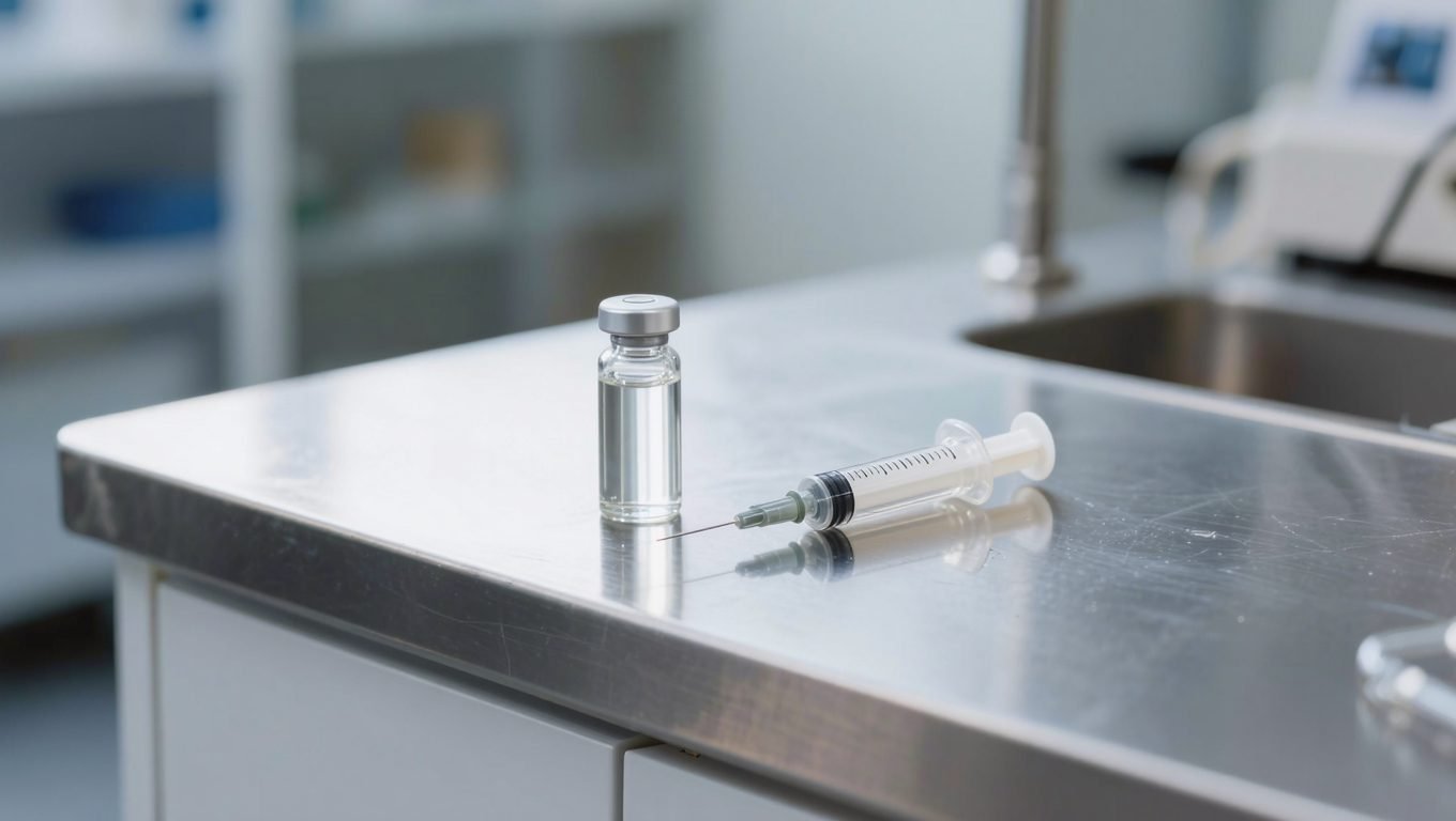 Frasco genérico e seringa sobre bancada de laboratório, ilustrando peptídeos injetáveis vendidos sem registro sanitário