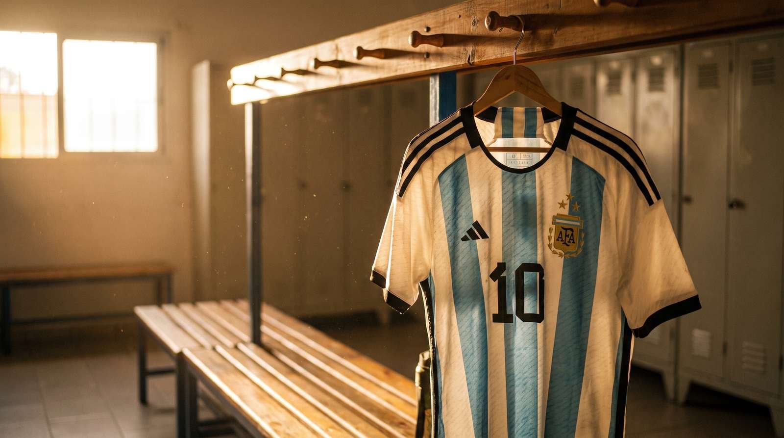 Camisa número 10 da seleção argentina pendurada em cabideiro de madeira dentro de vestiário de futebol, iluminada por luz natural quente vinda de uma janela lateral