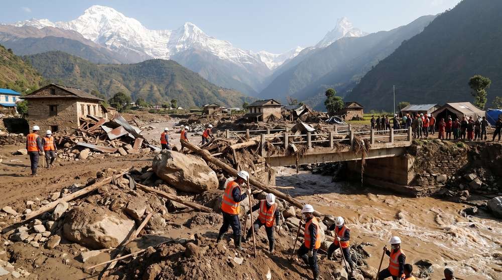 Equipes de resgate com coletes laranja e capacetes trabalham entre destroços de casas e uma ponte danificada por enchente em vale montanhoso do Nepal, com rio barrento e montanhas nevadas ao fundo, em pleno dia