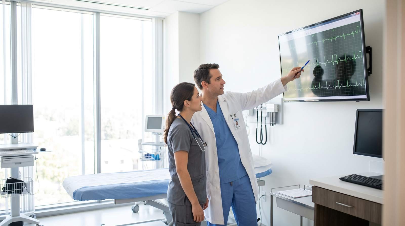 Cardiologista mostra a uma colega o traçado de um eletrocardiograma em monitor, em consultório hospitalar bem iluminado (imagem ilustrativa)