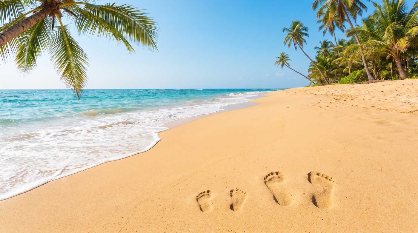 Praia tropical iluminada por luz natural, com pegadas de duas pessoas adultas e de uma criança lado a lado na areia dourada em direção ao mar