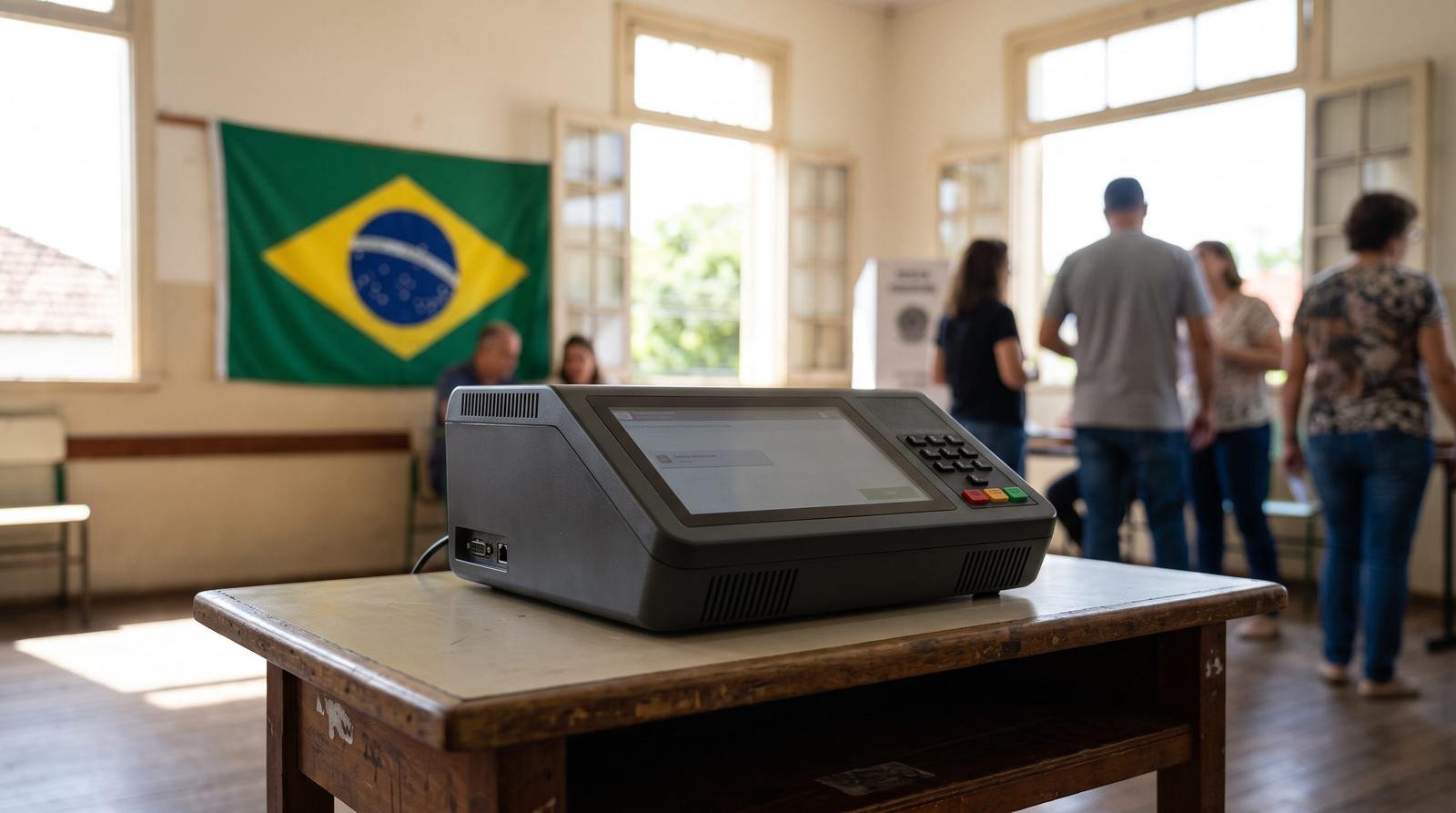 Urna eletrônica sobre uma mesa de madeira em uma seção eleitoral iluminada, com bandeira do Brasil ao fundo e eleitores em fila