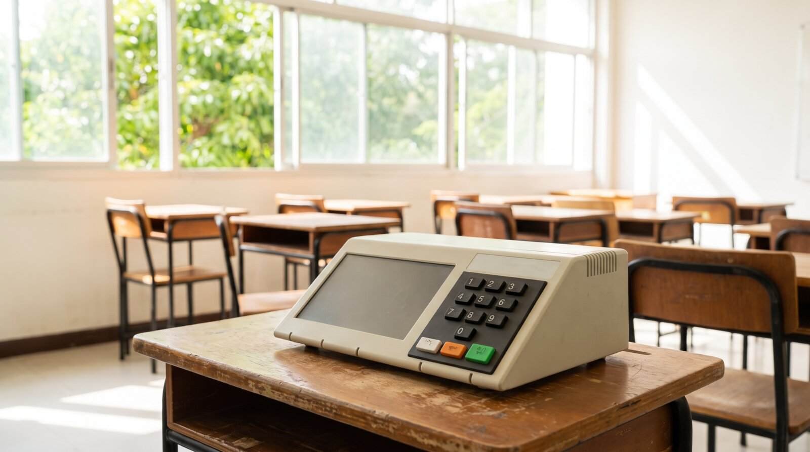 Urna eletrônica sobre uma mesa de madeira em uma sala de aula usada como seção eleitoral, iluminada pela luz natural das janelas