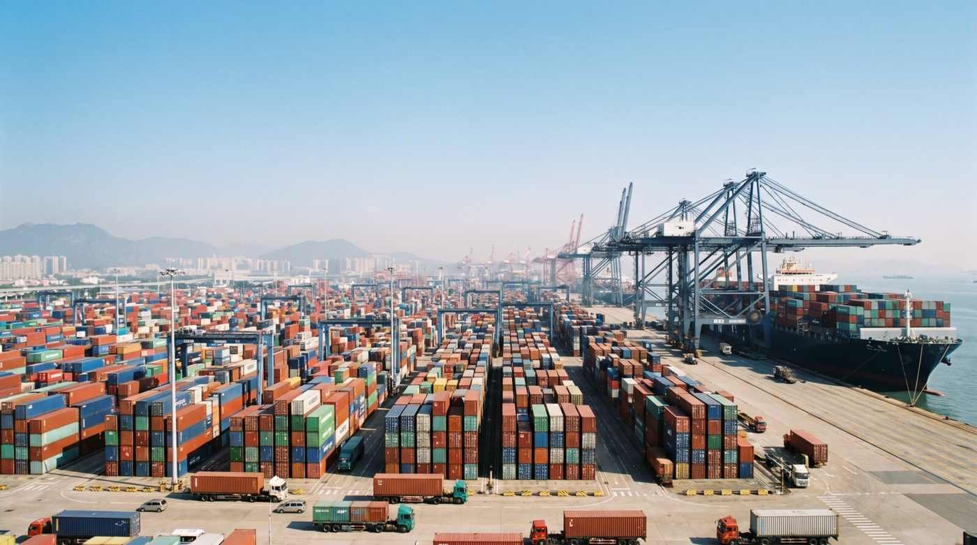 Porto de contêineres na China em plena luz do dia, com pilhas de contêineres coloridos, guindastes e um navio de carga atracado