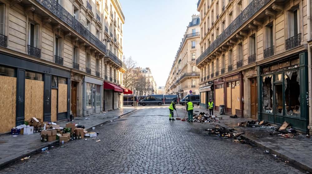 Rua de Paris em plena luz do dia com vitrines tapadas por tábuas, lojas depredadas, lixo no chão, garis varrendo e vans da polícia ao fundo