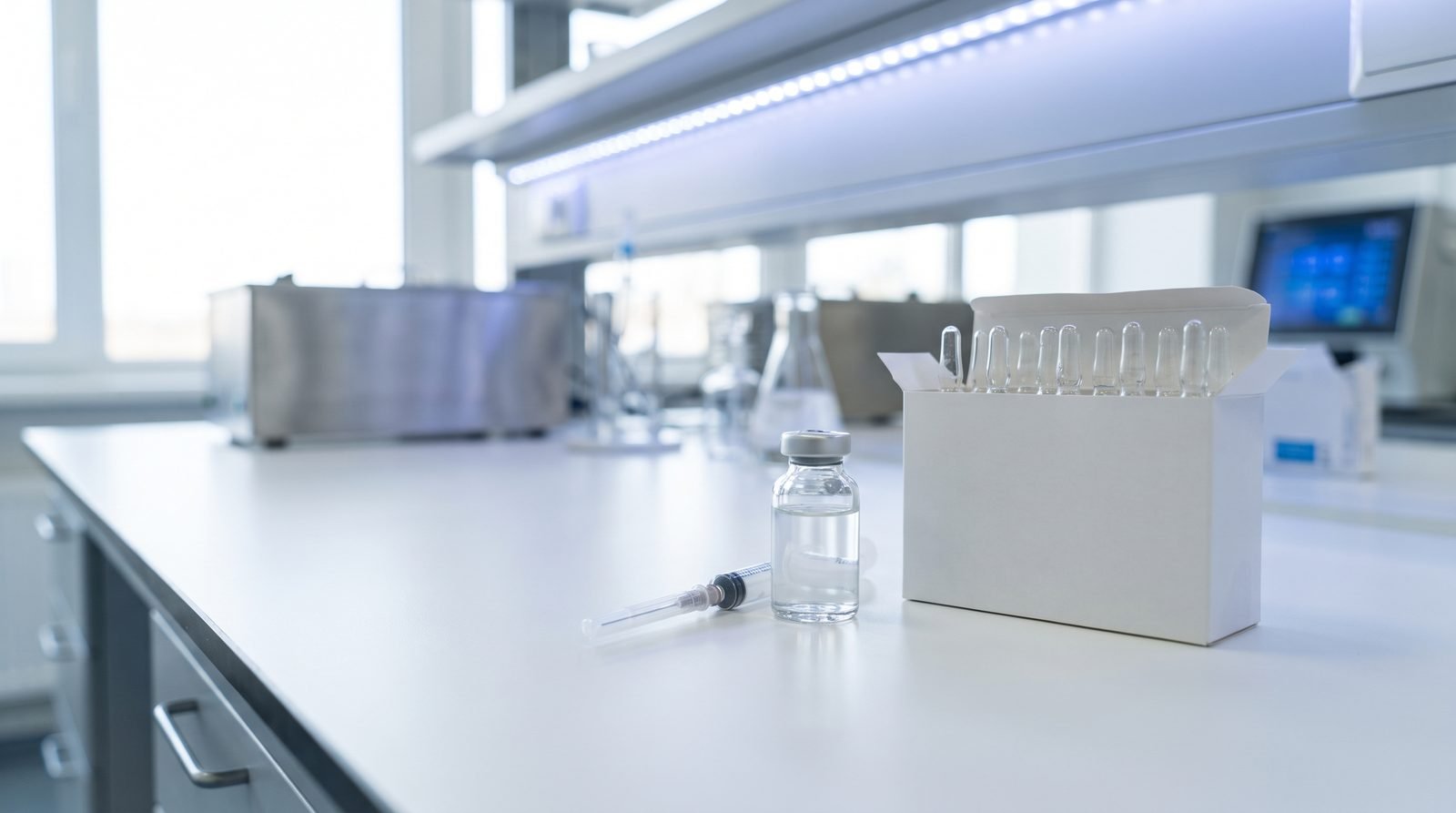 Frasco de medicamento e seringa sobre bancada de laboratório, iluminação clínica