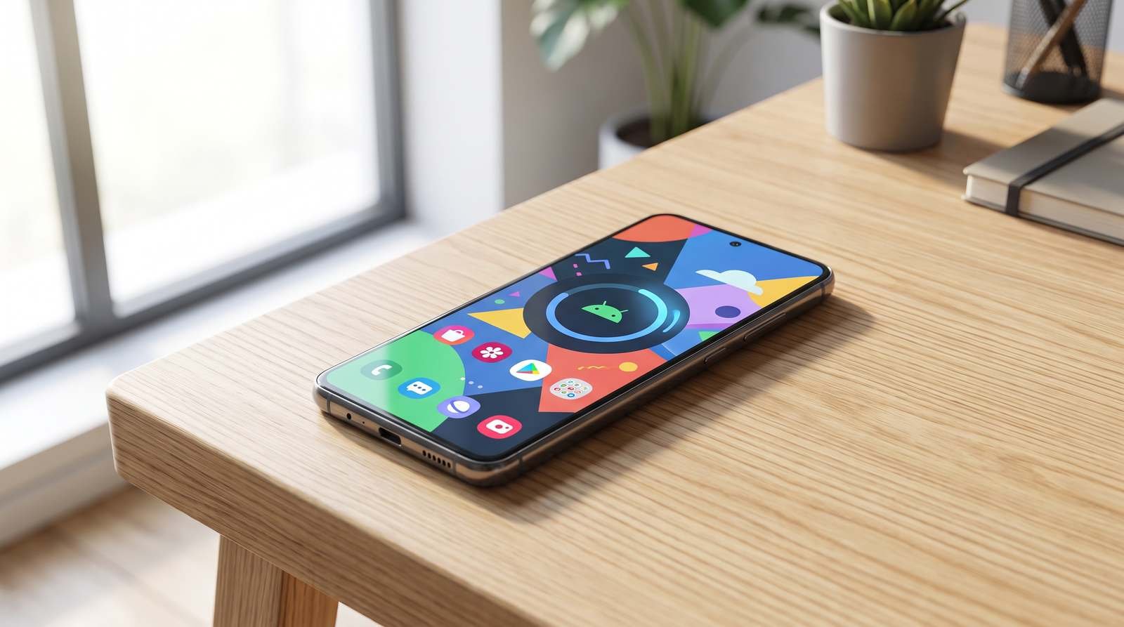Smartphone Android sobre mesa de madeira em ambiente iluminado, com tela mostrando ícone de atualização de sistema