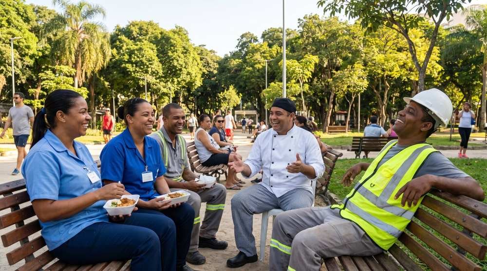 Trabalhadores de uniformes diferentes, entre eles uma cozinheira de jaleco, um operário de capacete e funcionárias de azul, conversam e riem em bancos de uma praça arborizada, sob luz natural