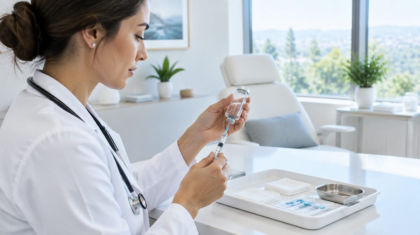 Médica de jaleco prepara uma seringa a partir de um frasco de vidro sem rótulo em consultório claro e moderno, ilustrando o uso de peptídeos em clínicas de longevidade