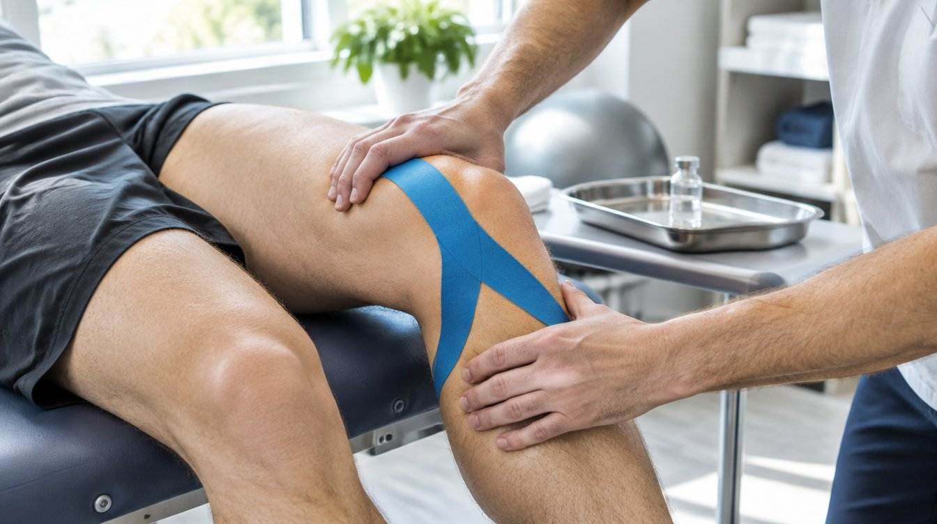 Fisioterapeuta examina o joelho de um atleta com fita elástica em sala bem iluminada, com frasco de vidro sem rótulo sobre bandeja ao fundo, ilustrando o uso de peptídeos para recuperação de lesões