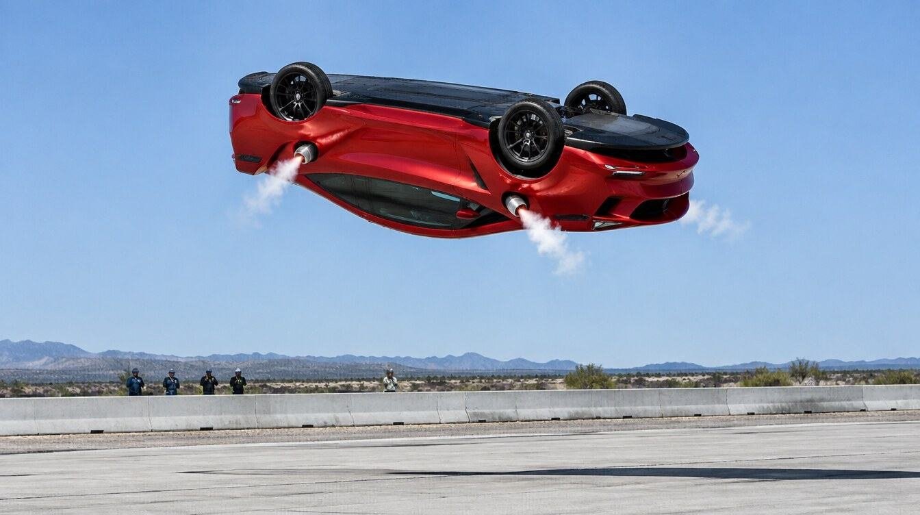 Carro esportivo vermelho genérico de cabeça para baixo no ar, com jatos de vapor dos propulsores, sobre pista de testes no deserto