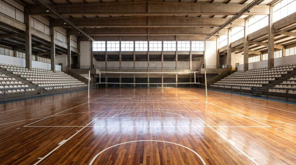Ginásio de vôlei vazio, bem iluminado, com quadra de madeira, rede ao centro e arquibancadas sem público