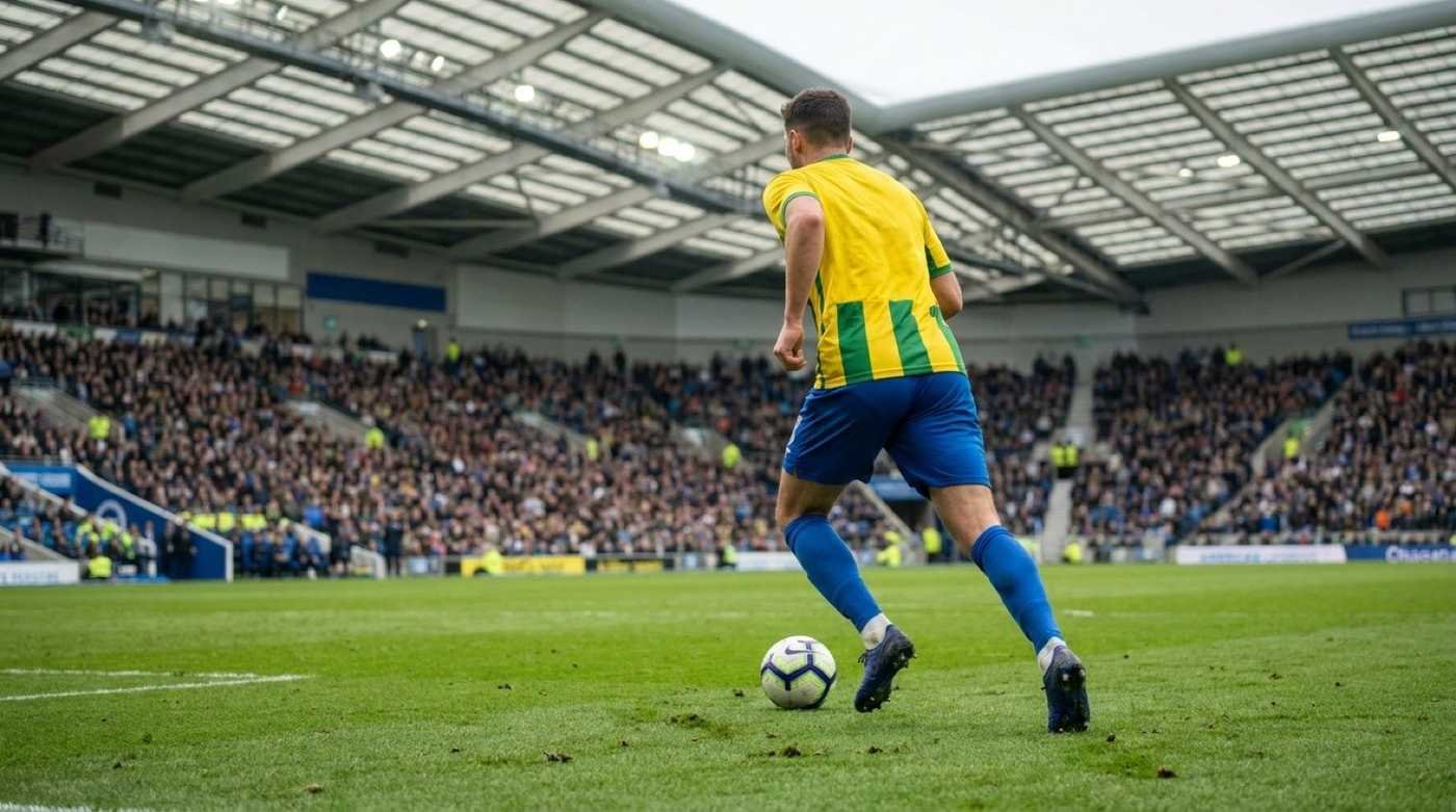 Jogador de futebol conduzindo a bola em campo