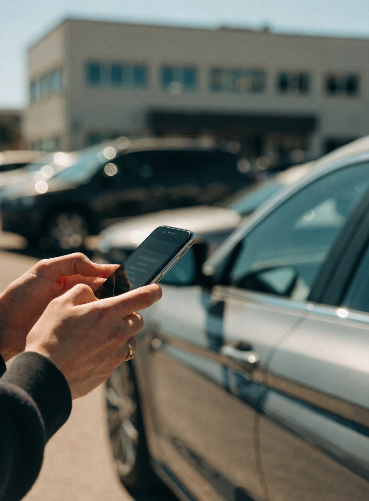 Pessoa consultando o preço de um carro pelo celular em um estacionamento (imagem ilustrativa)
