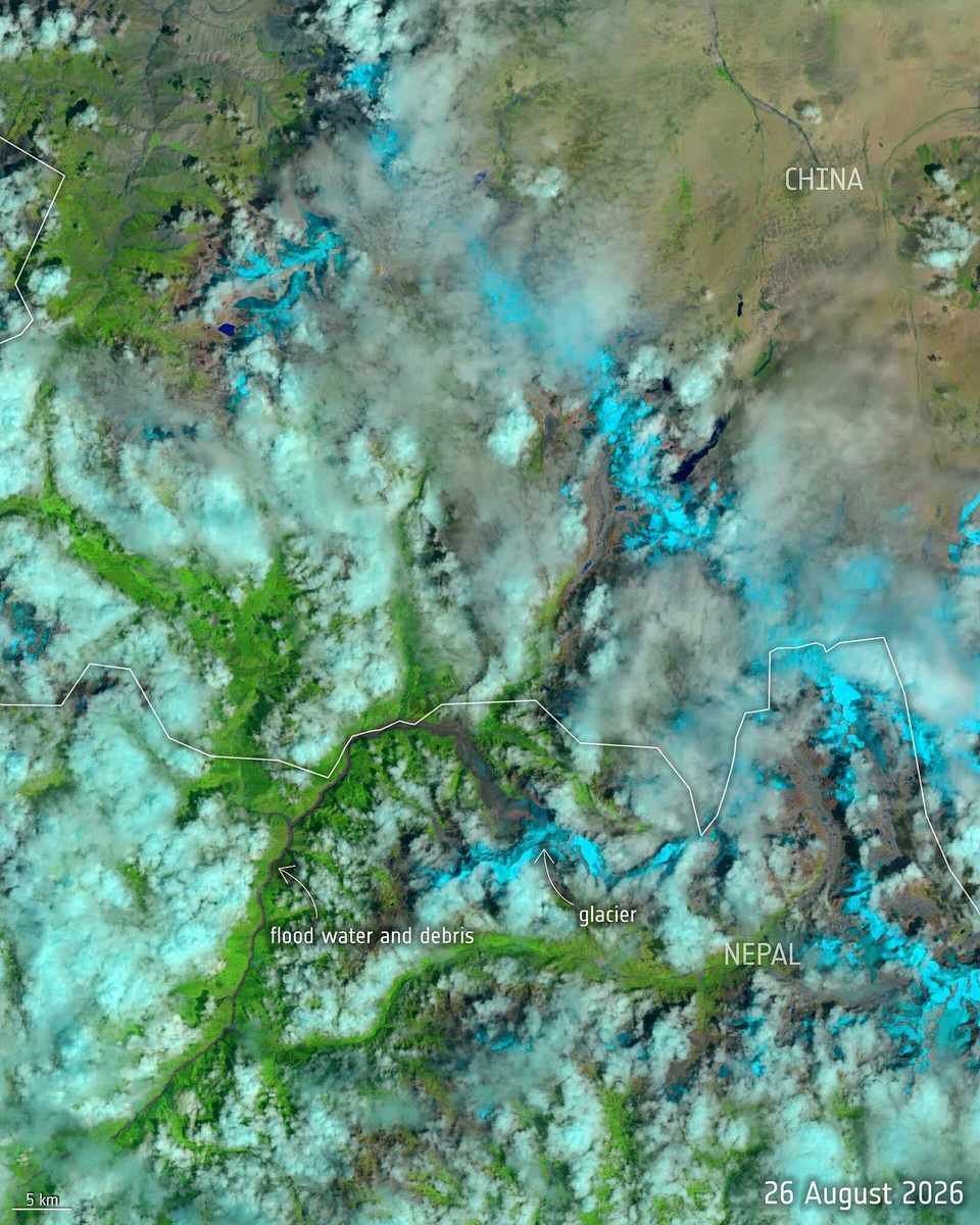 Imagem de satélite da Agência Espacial Europeia mostra a área atingida pela enchente no Nepal em 2026 (Foto: europeanspaceagency/Wikimedia Commons, CC BY 4.0)
