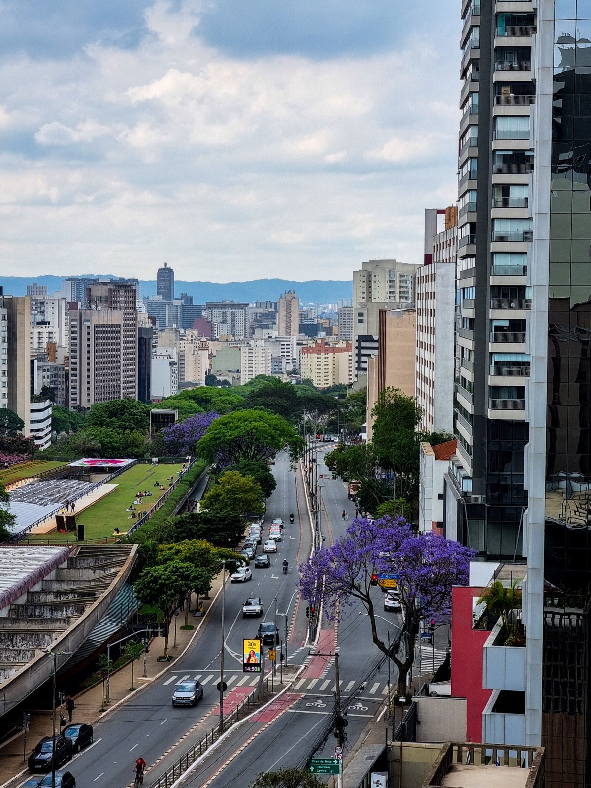 Vista aérea da Rua Vergueiro, na Liberdade, com trânsito e árvores floridas