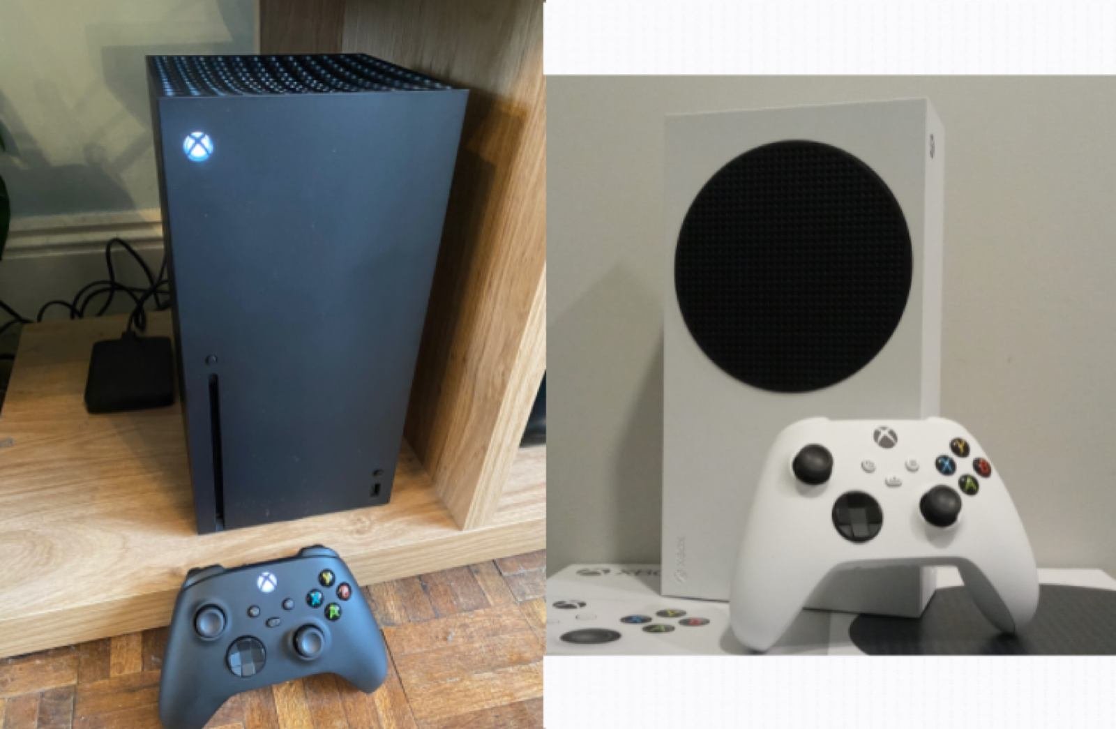 Console Xbox Series X ao lado de um Xbox Series S, cada um com um controle sem fio ao lado, em ambientes domésticos bem iluminados